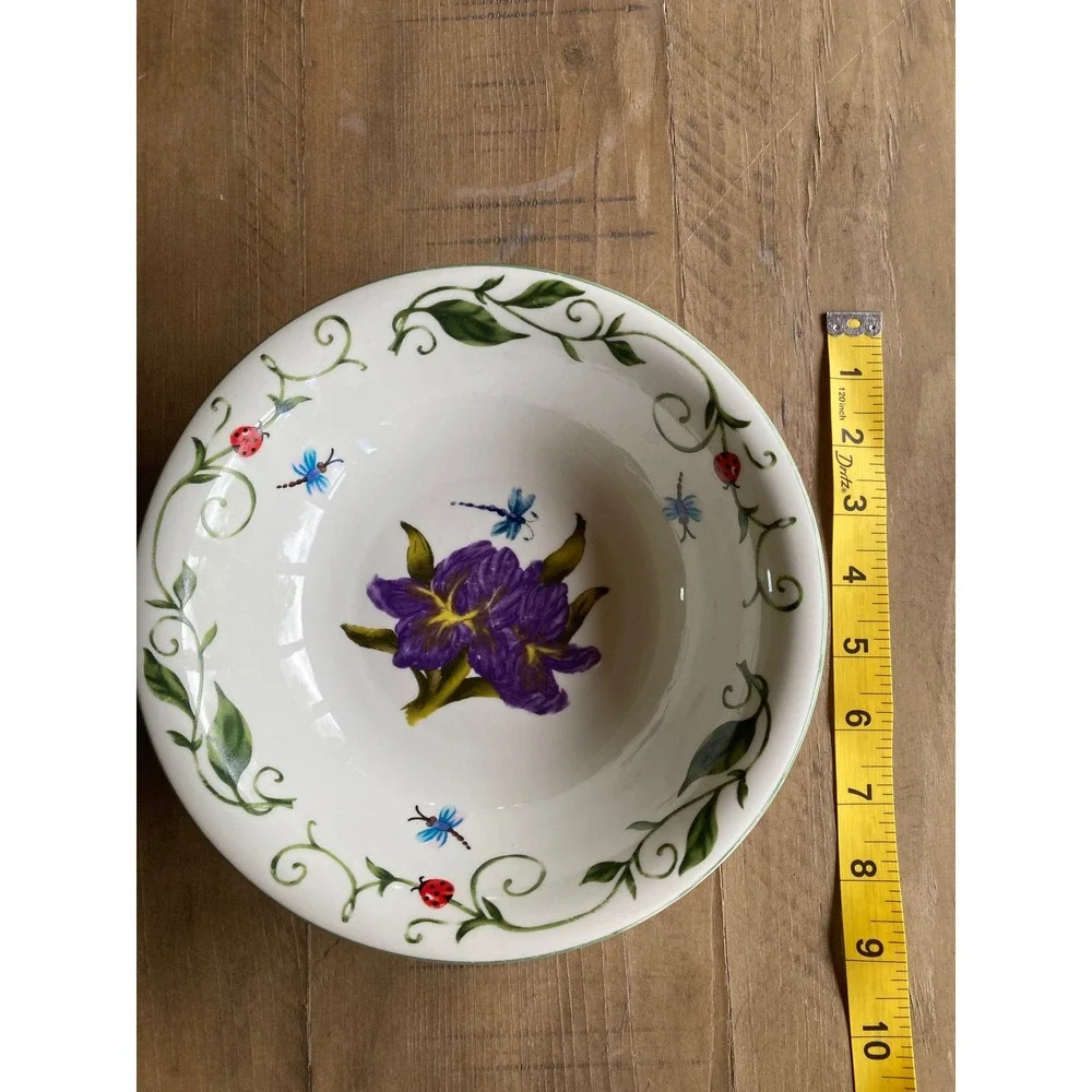 Tabletops Unlimited Botanical Garden Bowl Purple Iris Ladybug Dragonfly 8.5in